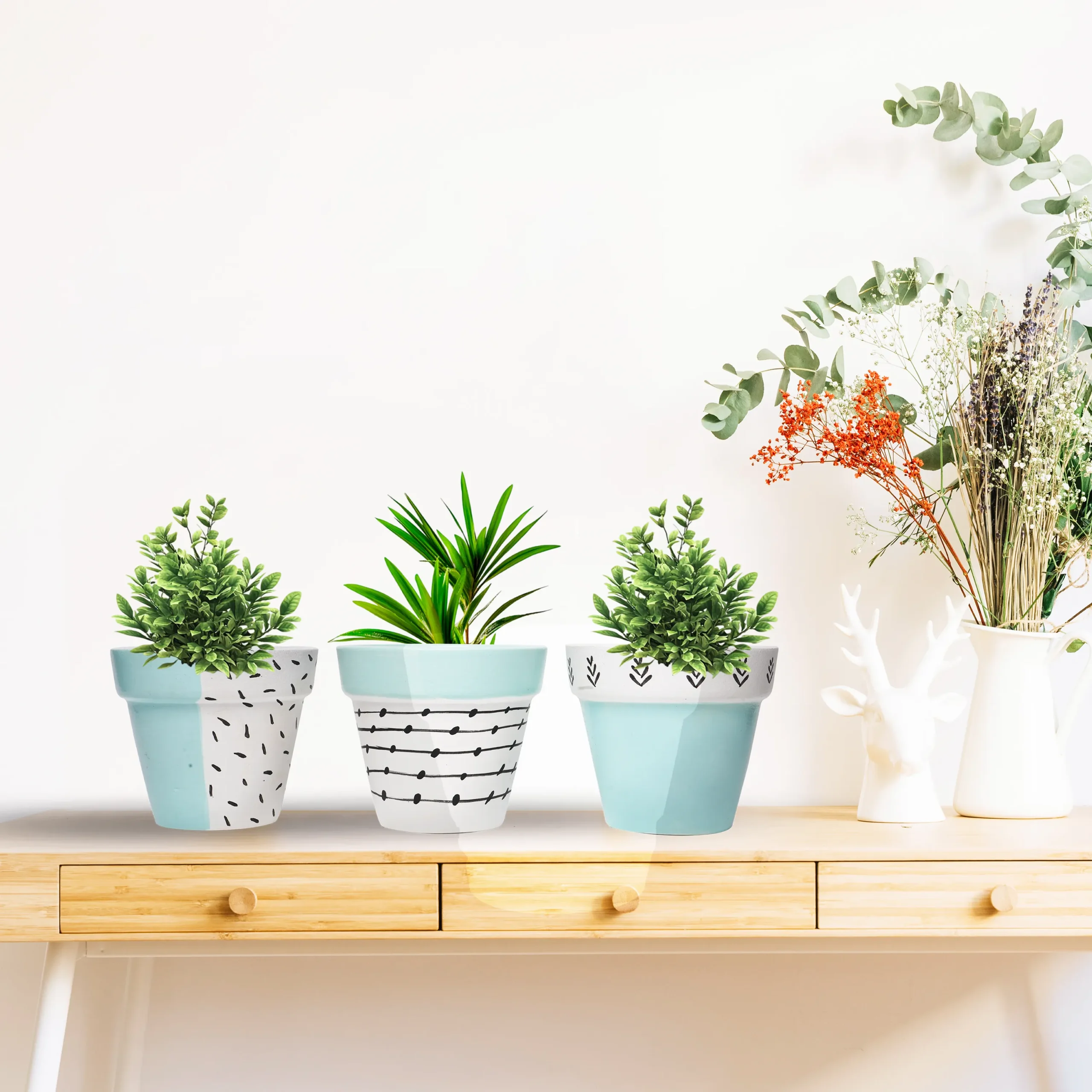 Set of 3 Mini Hand-Painted Terracotta Planters – Blue & White Abstract Design | Eco-Friendly Home Decor by Shivom Bliss - Image 2