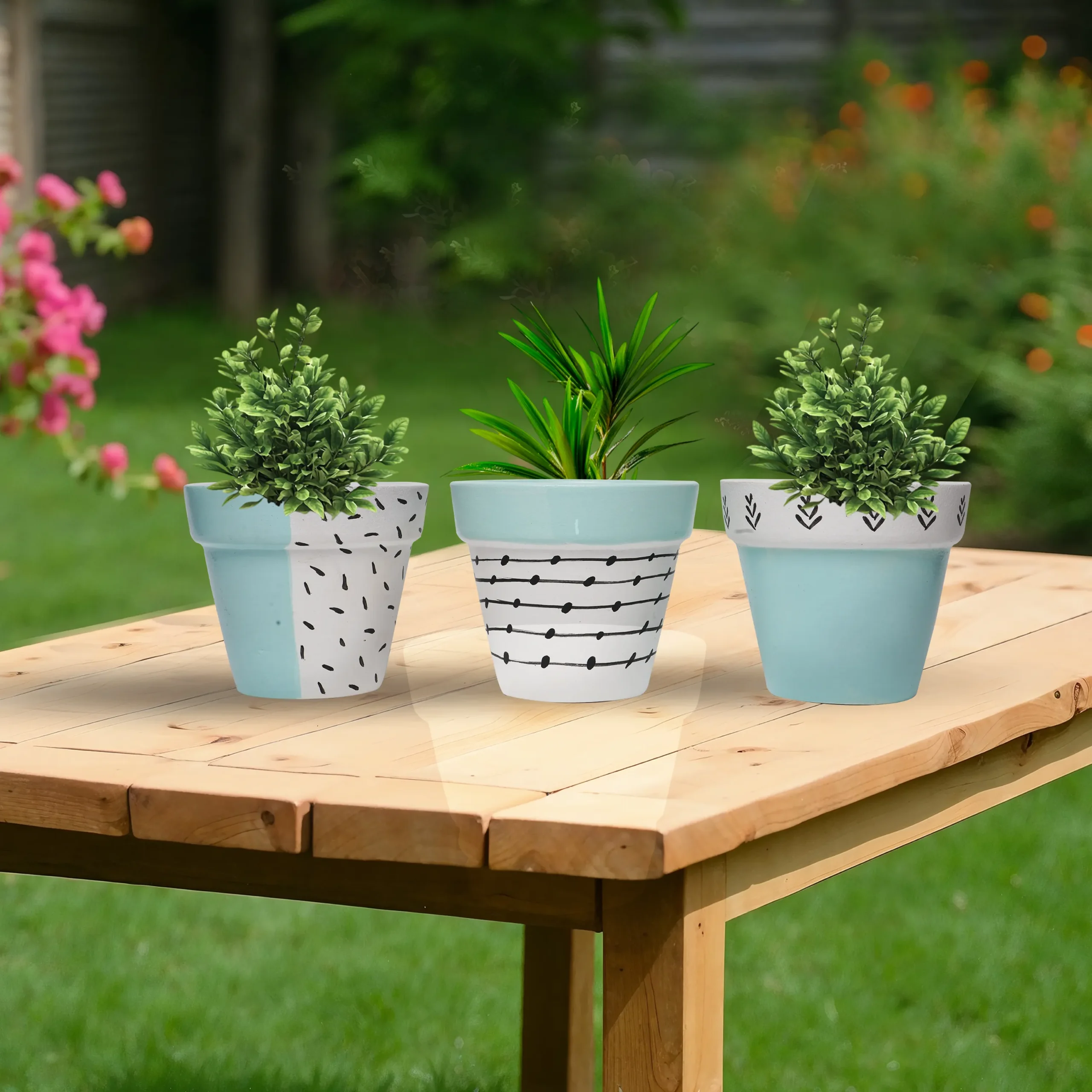 Set of 3 Mini Hand-Painted Terracotta Planters – Blue & White Abstract Design | Eco-Friendly Home Decor by Shivom Bliss - Image 3