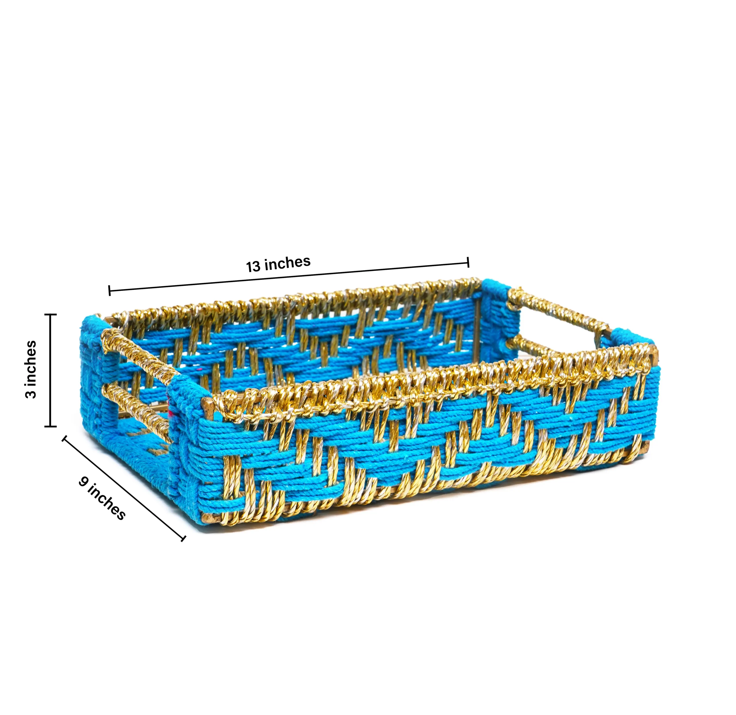 Rectangular Handwoven Tray – Blue & Golden - Image 4