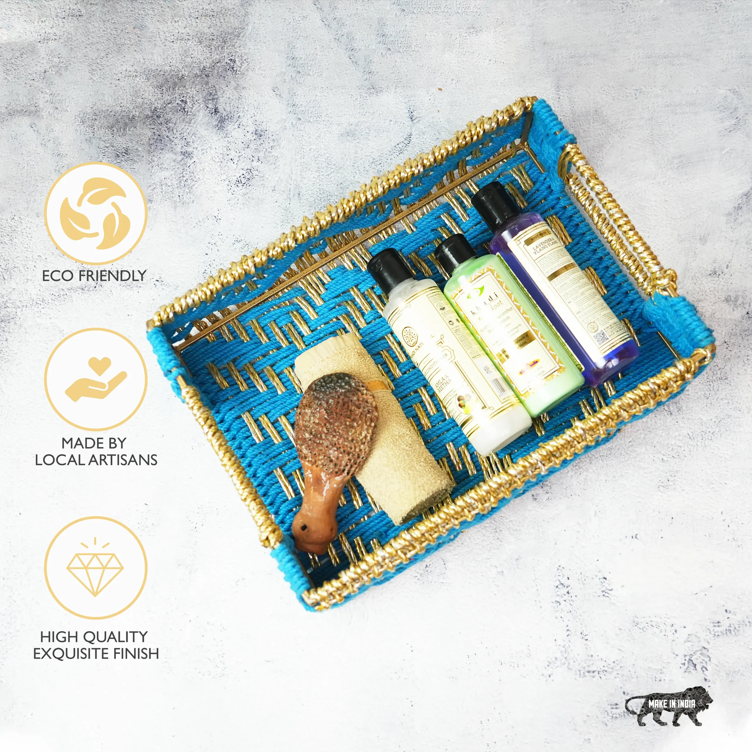 Rectangular Handwoven Tray – Blue & Golden - Image 5