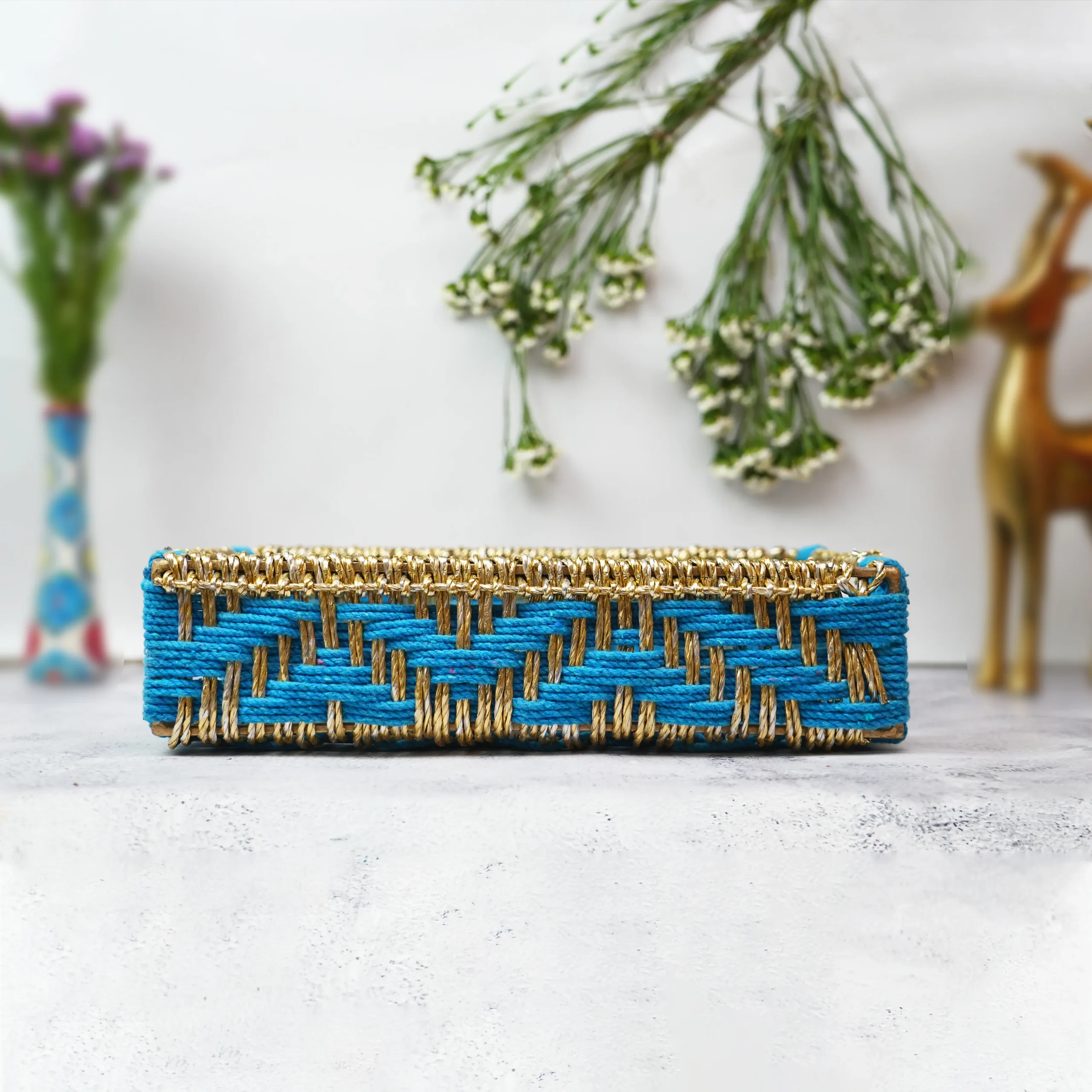Rectangular Handwoven Tray – Blue & Golden