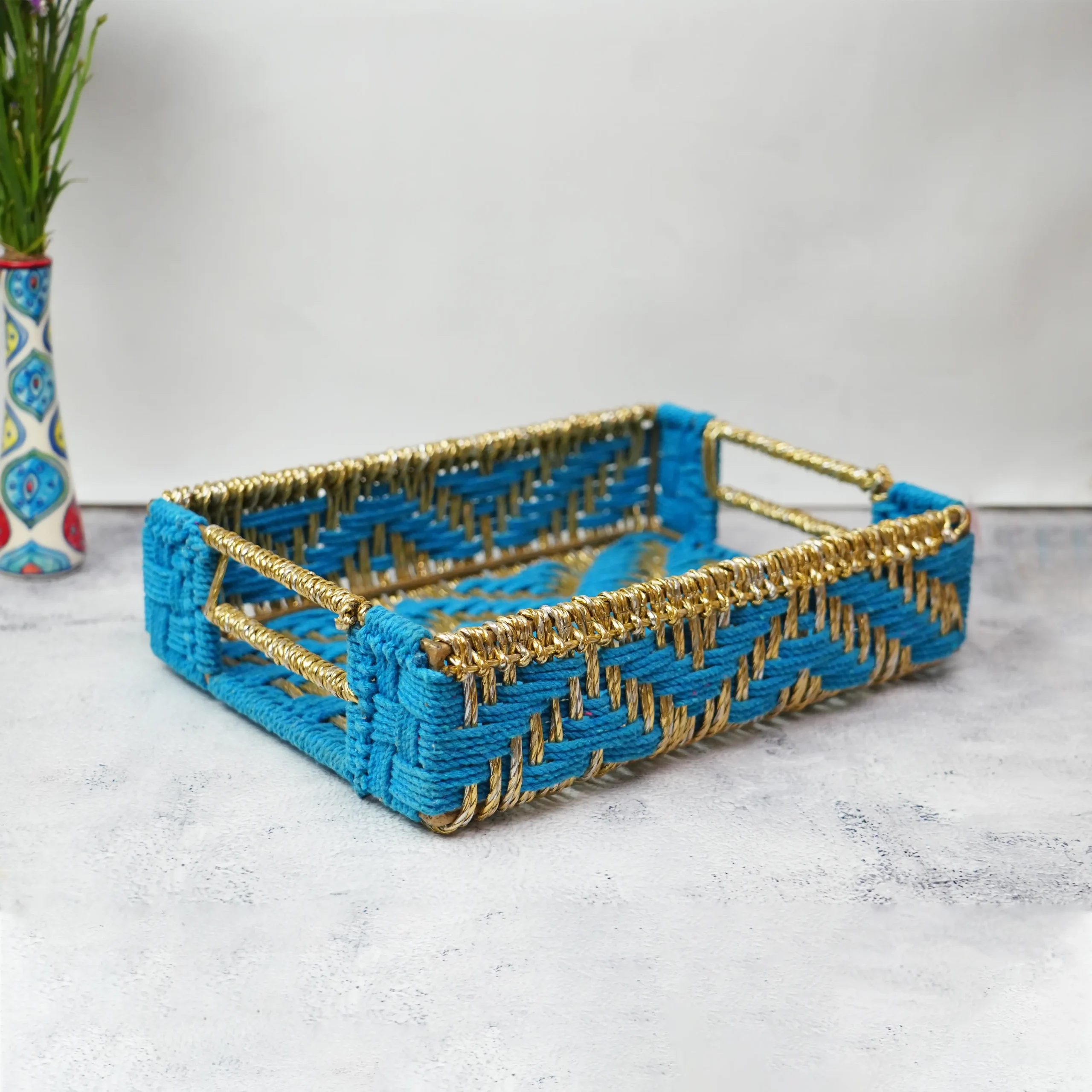 Rectangular Handwoven Tray – Blue & Golden - Image 2