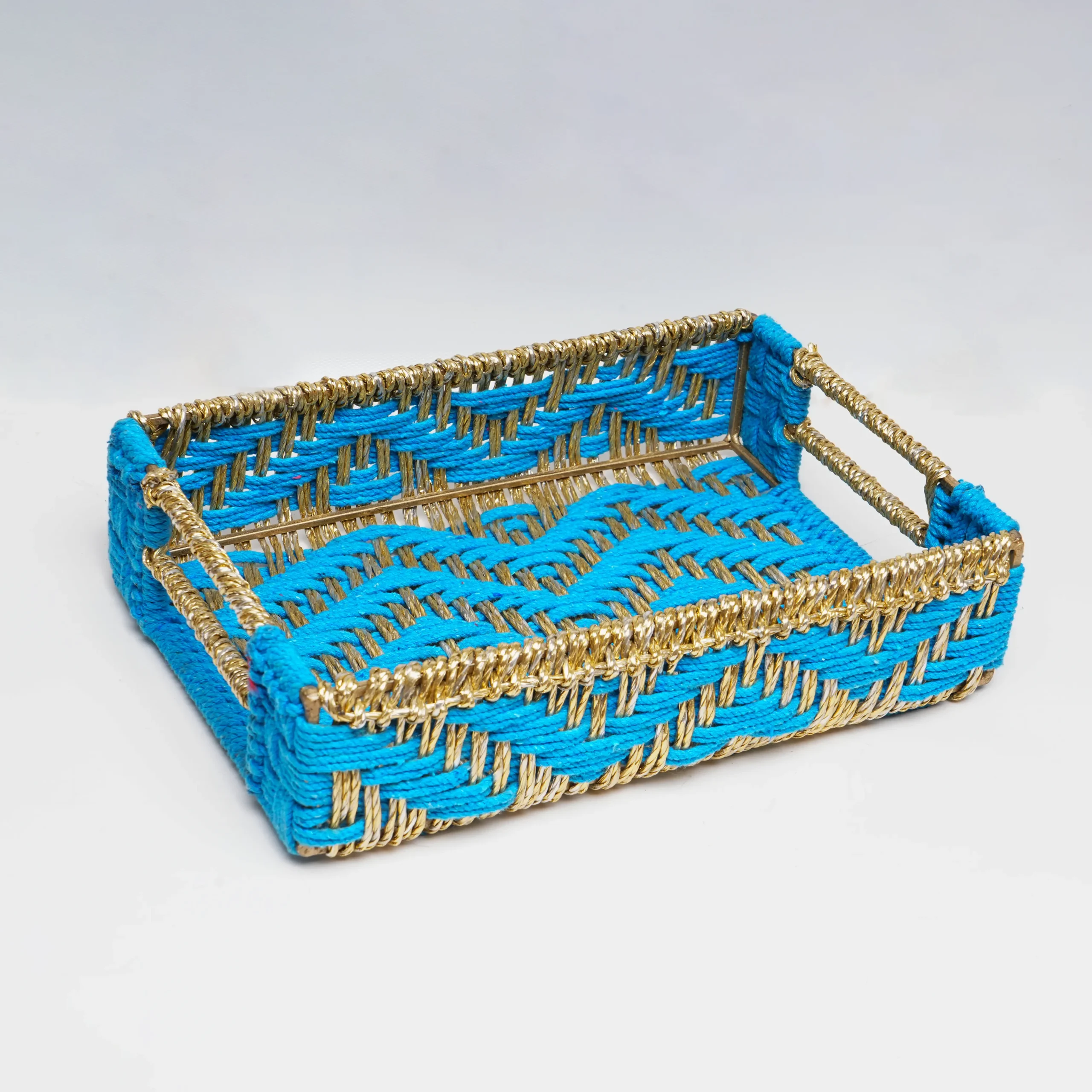 Rectangular Handwoven Tray – Blue & Golden - Image 3