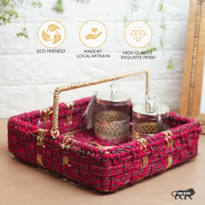 Handwoven Storage Basket – Chindi Red/Green/Gold with Golden Handle