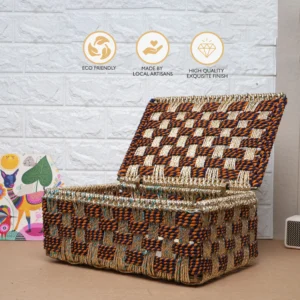 Rectangular Handwoven Storage Box with Lid – Chindi with Golden Thread