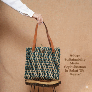 Handwoven Sabai Grass Tote Bag – Teal & Natural / Mustard & Natural | Eco-Conscious Shoulder Bag with Leather Handle by Shivom Bliss