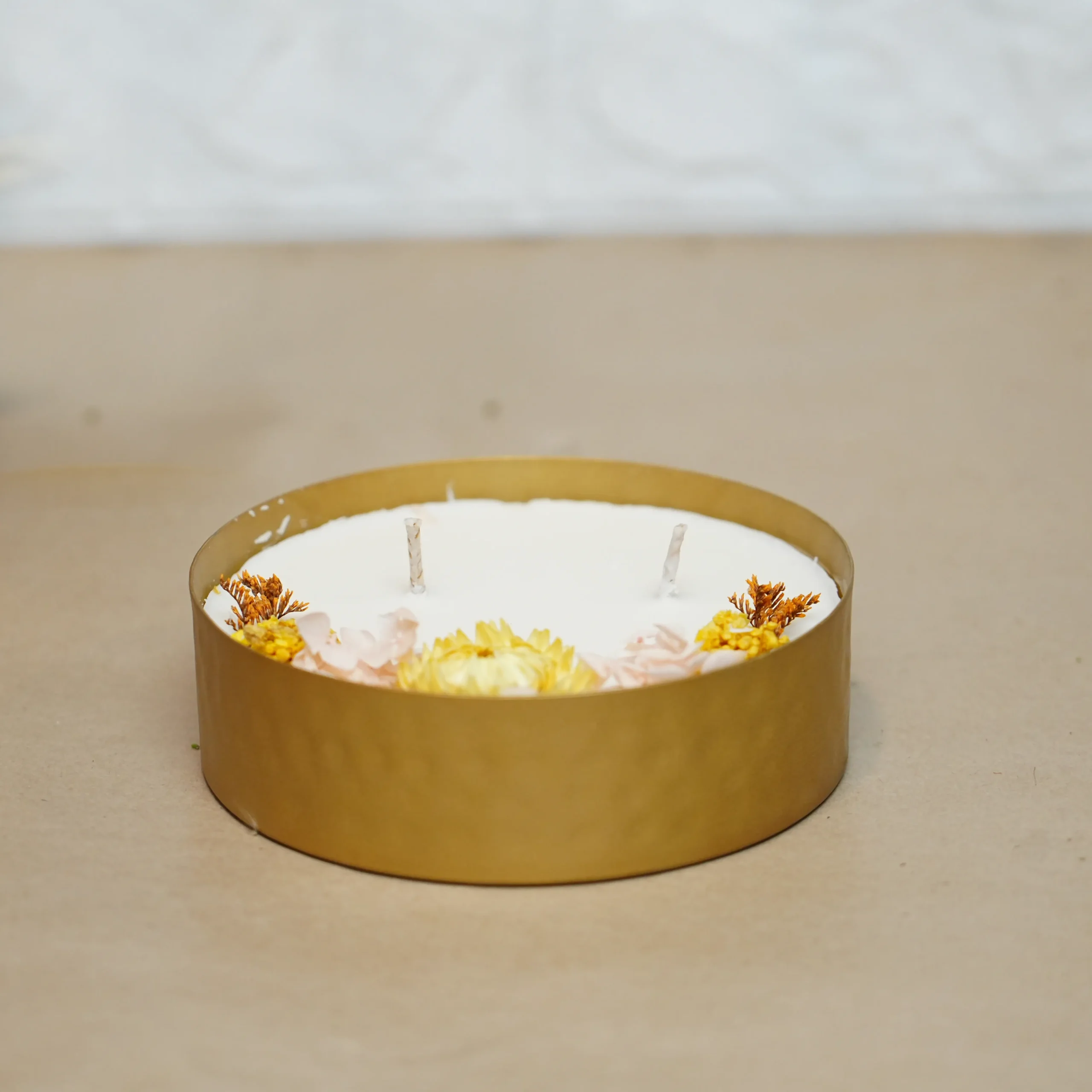 Gold Iron Urli Candle – Hand-Poured Soy Wax with Dried Flowers | Elegant Festive Accent by Shivom Bliss - Image 2