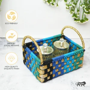 Rectangular Handwoven Basket – Multicolor Cotton & Upcycled Rope with Golden Thread