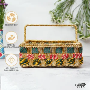 Handwoven Storage Basket – Chindi Collection (Golden Handle)
