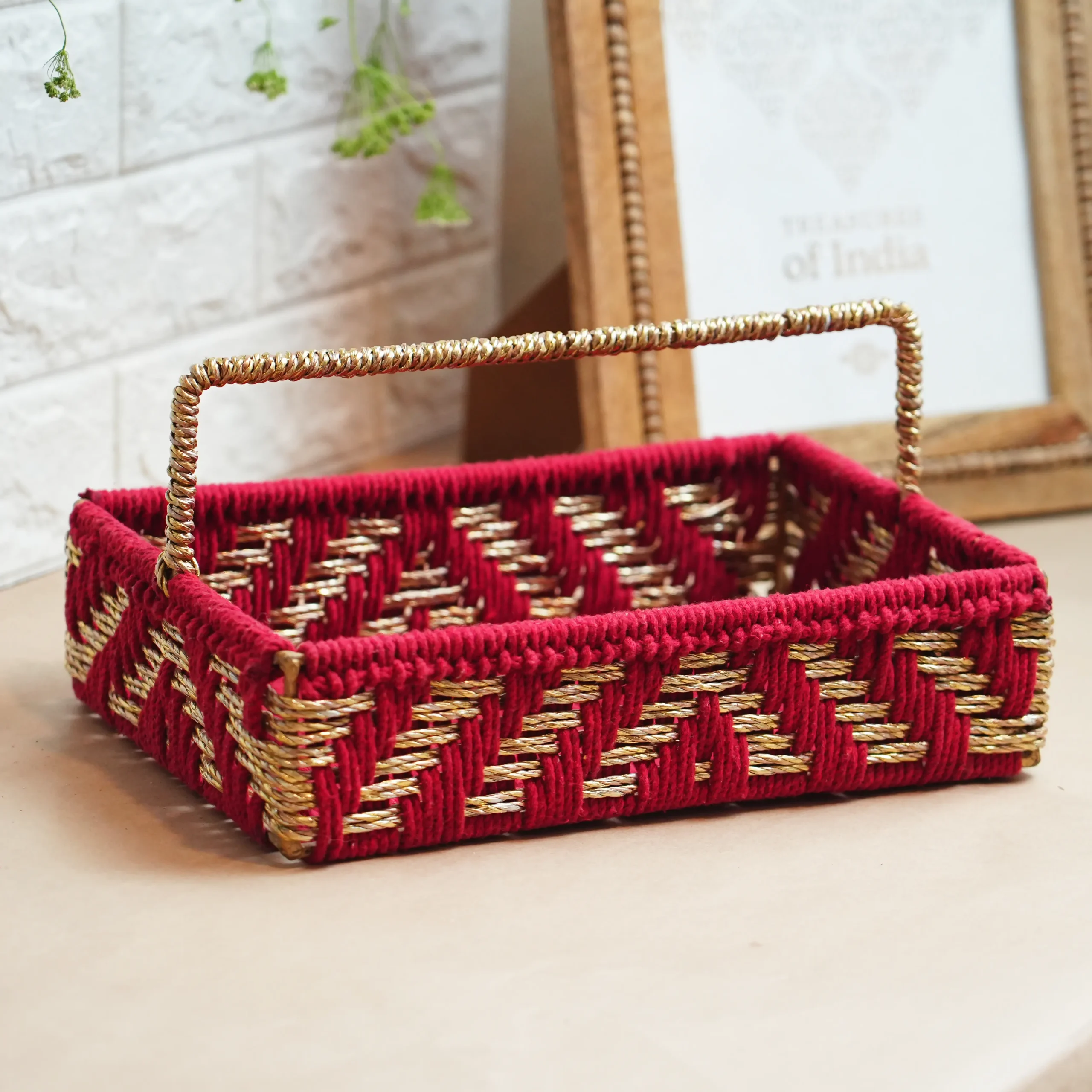 Rectangular Handwoven Organizer – Red & Golden with Handle