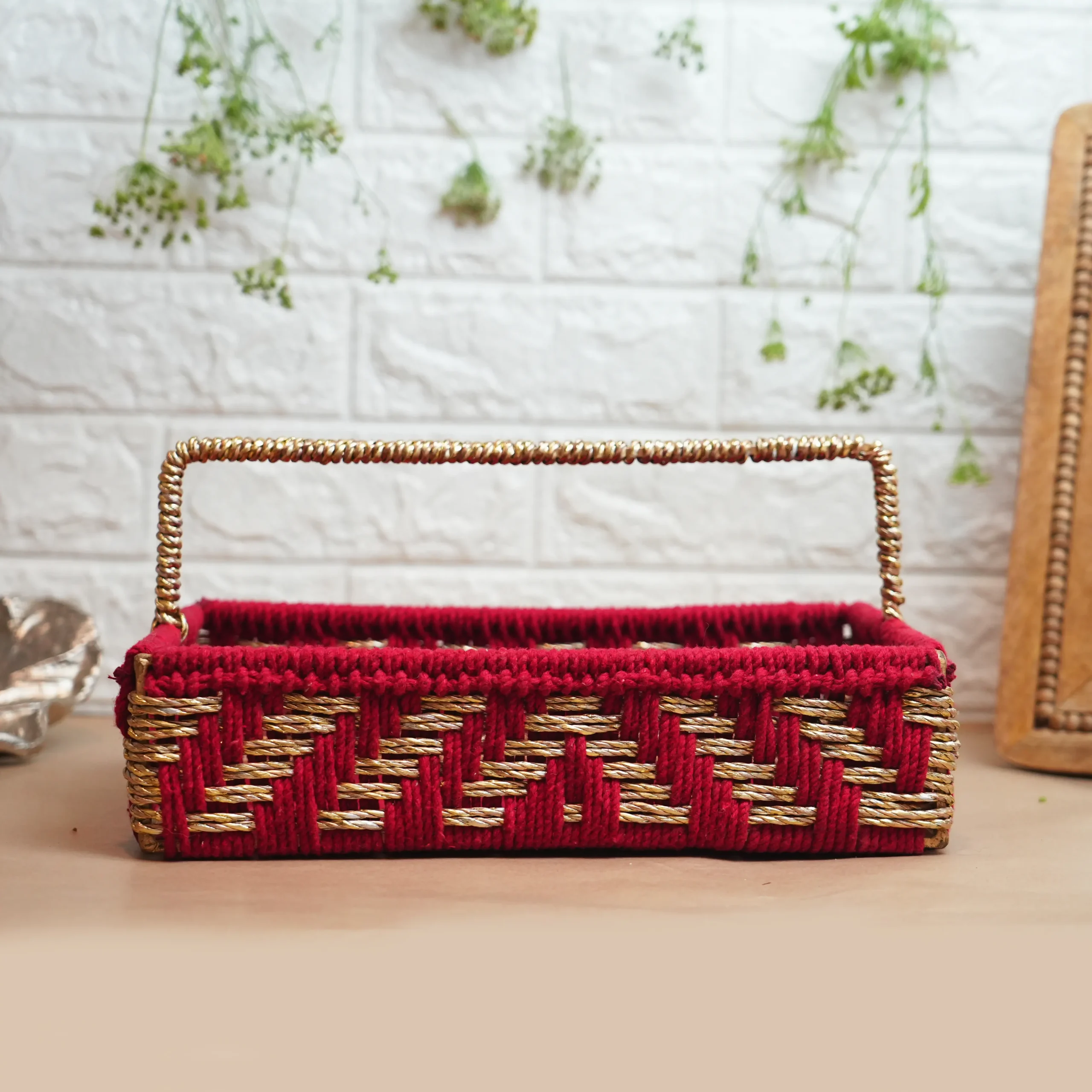 Rectangular Handwoven Organizer – Red & Golden with Handle - Image 5