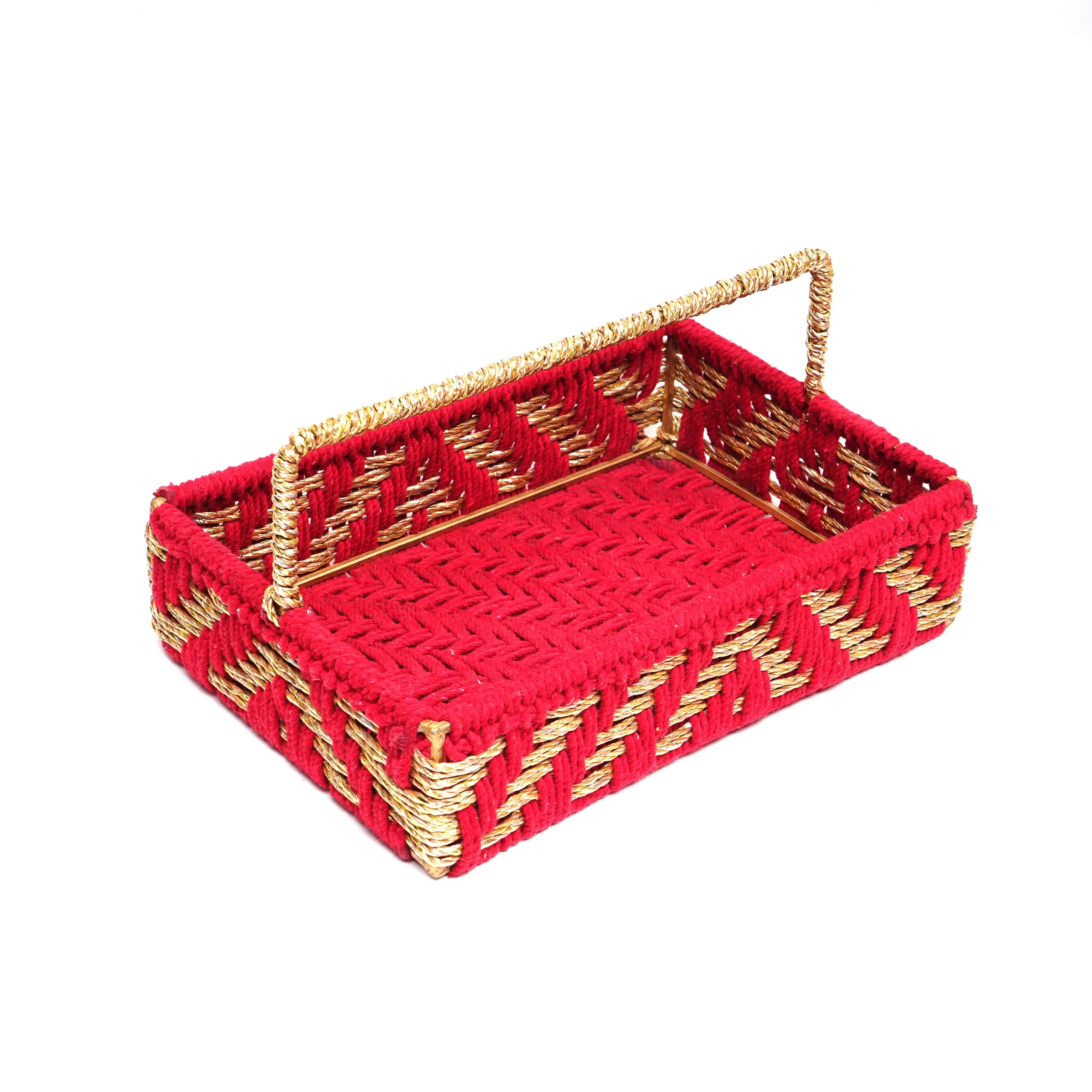 Rectangular Handwoven Organizer – Red & Golden with Handle - Image 3