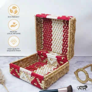 Square Handwoven Storage Box – Red, White & Golden