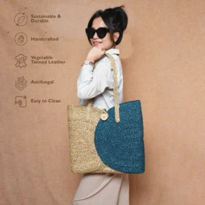 Handwoven Sabai Grass Half-Moon Tote Bag – Sky Blue & Natural / Red & Natural | Eco-Friendly Shoulder Bag by Shivom Bliss