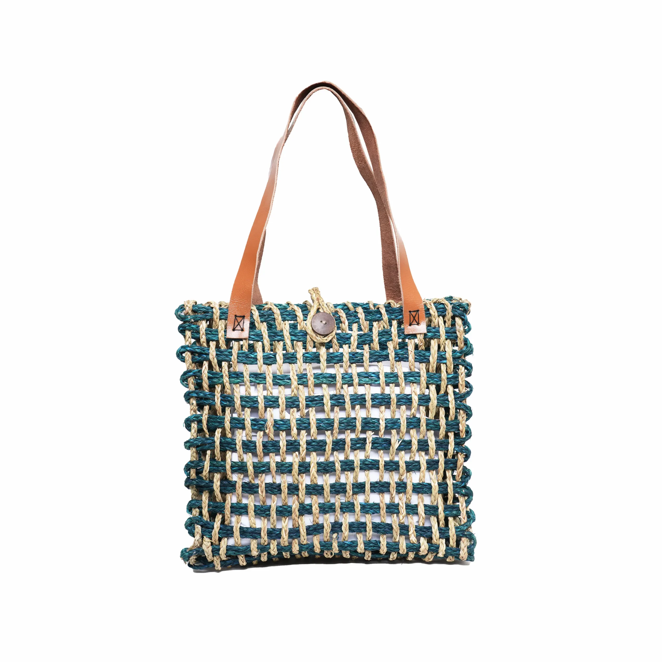 Handwoven Sabai Grass Tote Bag – Teal & Natural / Mustard & Natural | Eco-Conscious Shoulder Bag with Leather Handle by Shivom Bliss - Image 5