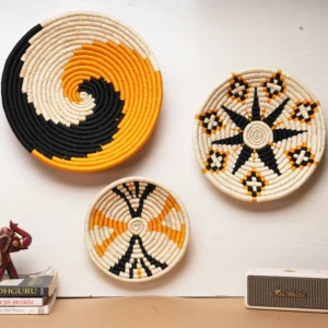 Set of 3 Handwoven Wall Plates – Orange, Black & Natural