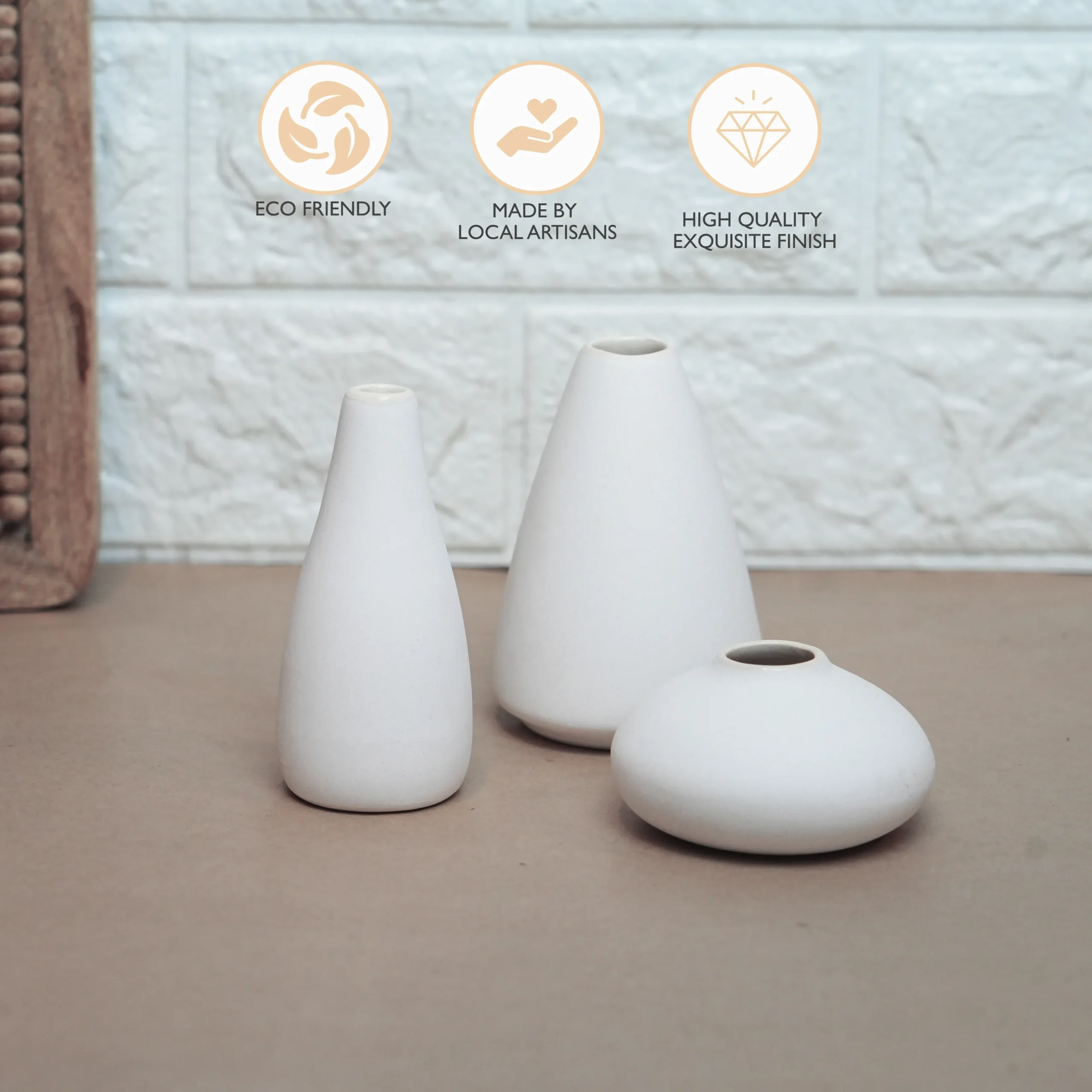 Set of 3 Mini Matte Ceramic Vases – White | Minimalist Scandinavian-Inspired Home Décor by Shivom Bliss