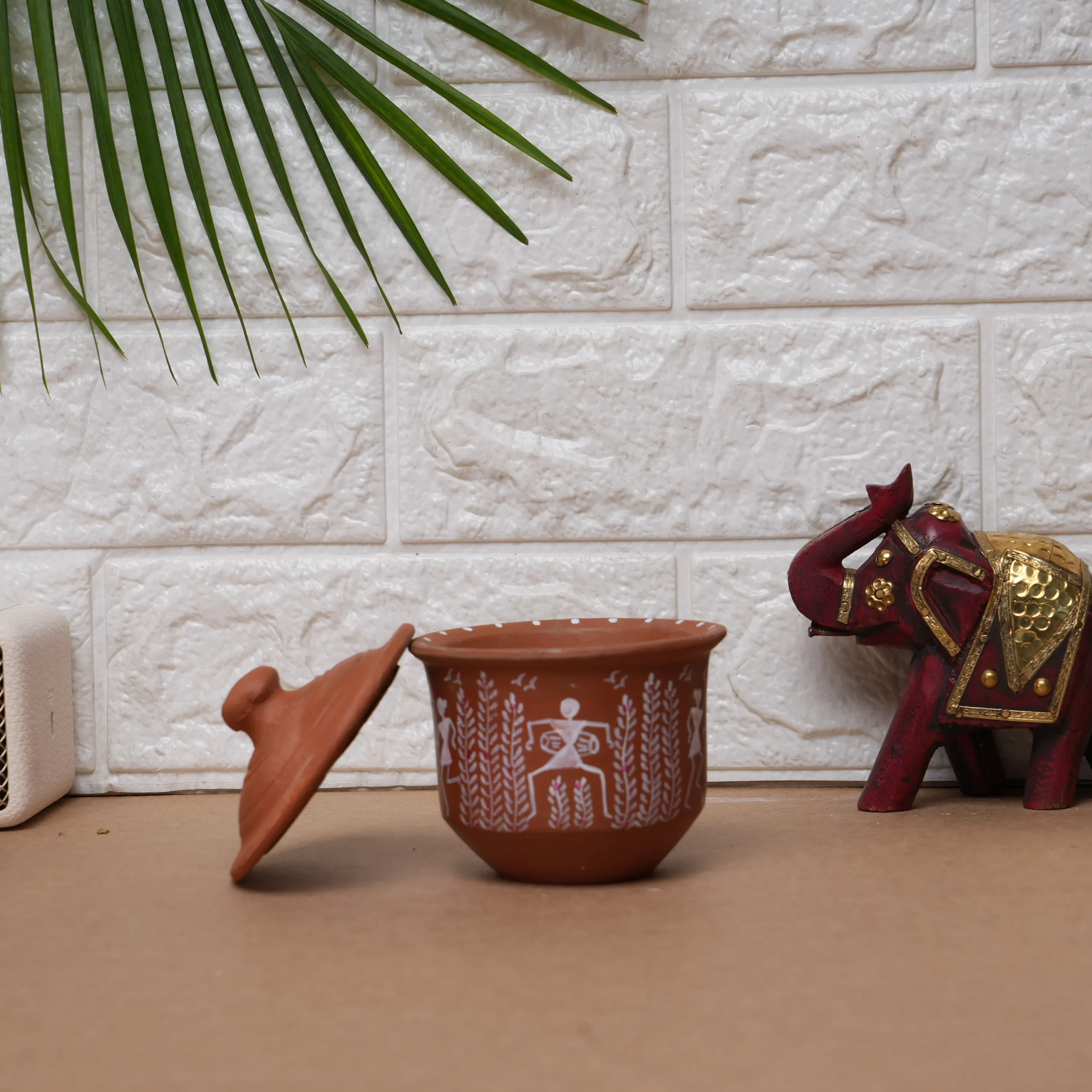 Hand-Painted Terracotta Candle with Lid – Warli Art | Eco-Friendly Artisan Accent by Shivom Bliss - Image 3
