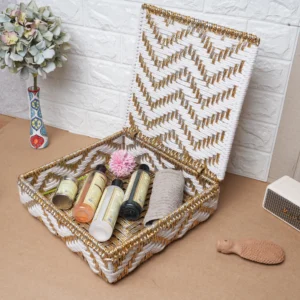 Handwoven White and Golden Chevron Storage Box
